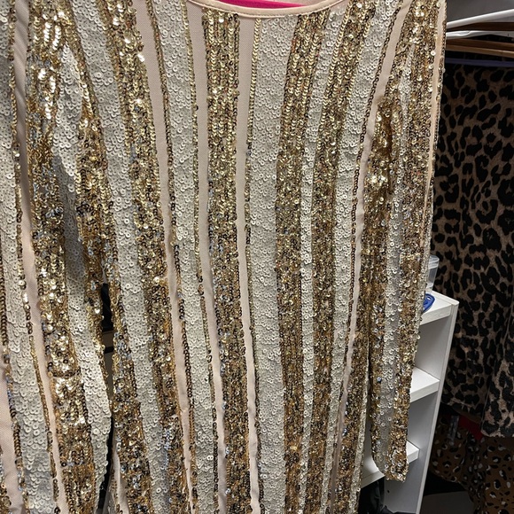 Dresses & Skirts - Sequined Gold Stripe Long Sleeve Dress - Elegant Evening Wear